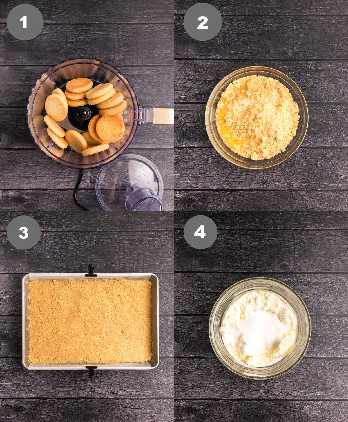 Shortbread cooking crumbled in a food processor then mixed in a bowl and added to a baking pan.