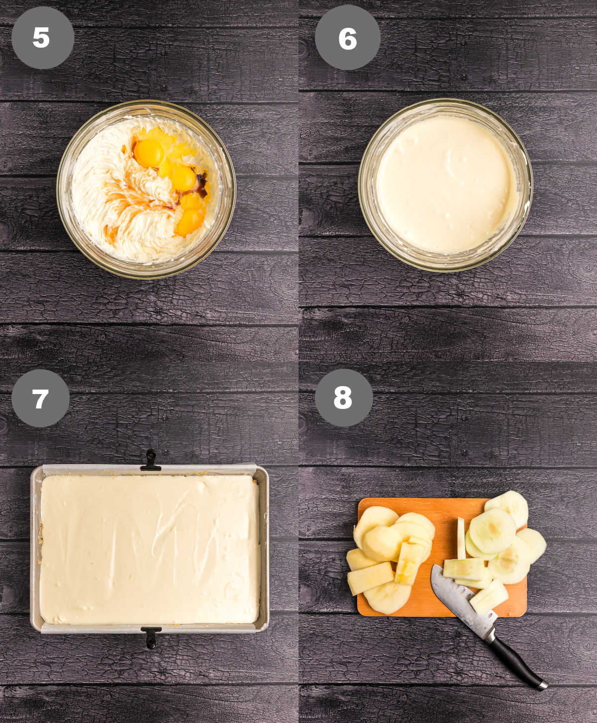 Cheesecake filling mixed in a bowl and added to the shortbread in the baking pan.