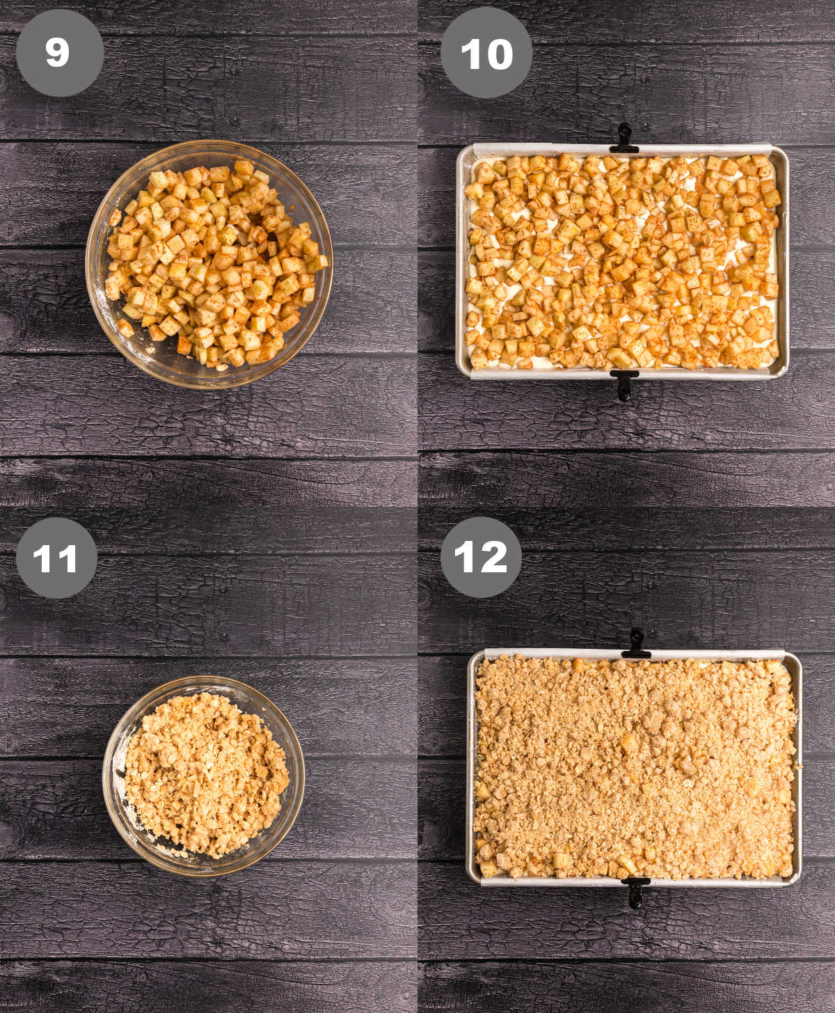 Apples tossed with sugar and placed on top of the filling then a brown sugar topping added on top.