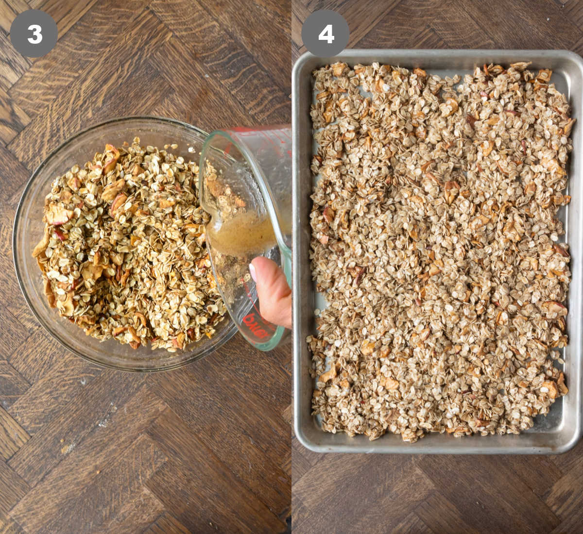 Melted butter and spices all mixed together in a bowl with the oats and apple chips.