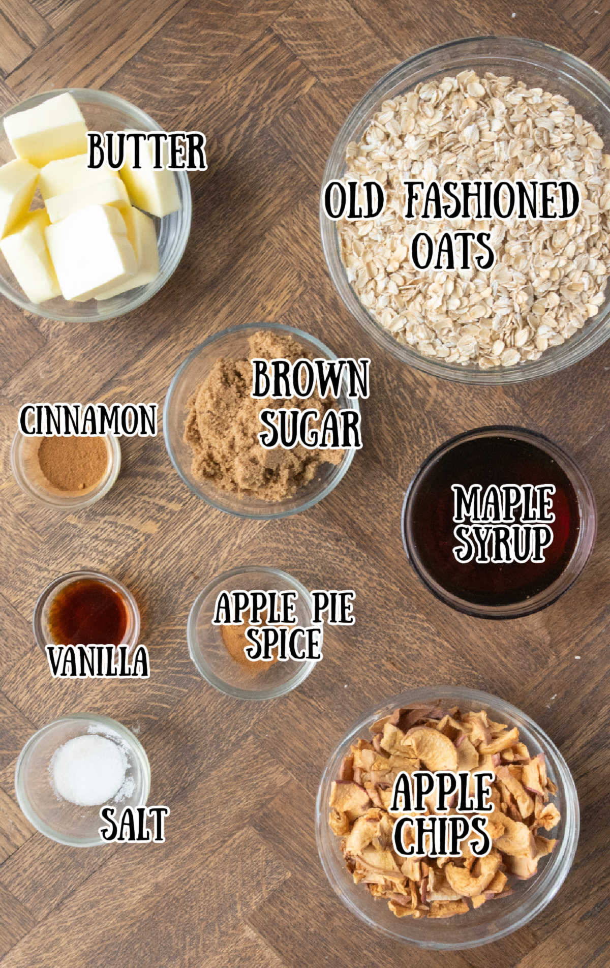 A photo of all of the ingredients needed for the apple granola.