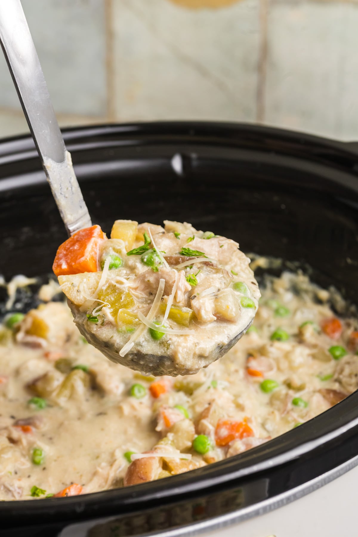 A ladle scooping up some chicken stew from the slow cooker.