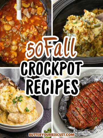 Four crockpot recies os a soup, casserole, potatoes and meatloaf.