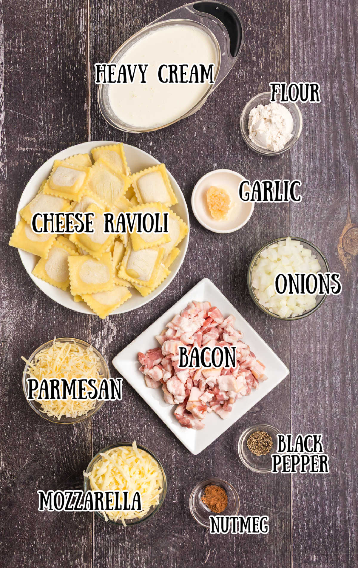 All of the ingredients needed for Olive Garden Ravioli Carbonara.