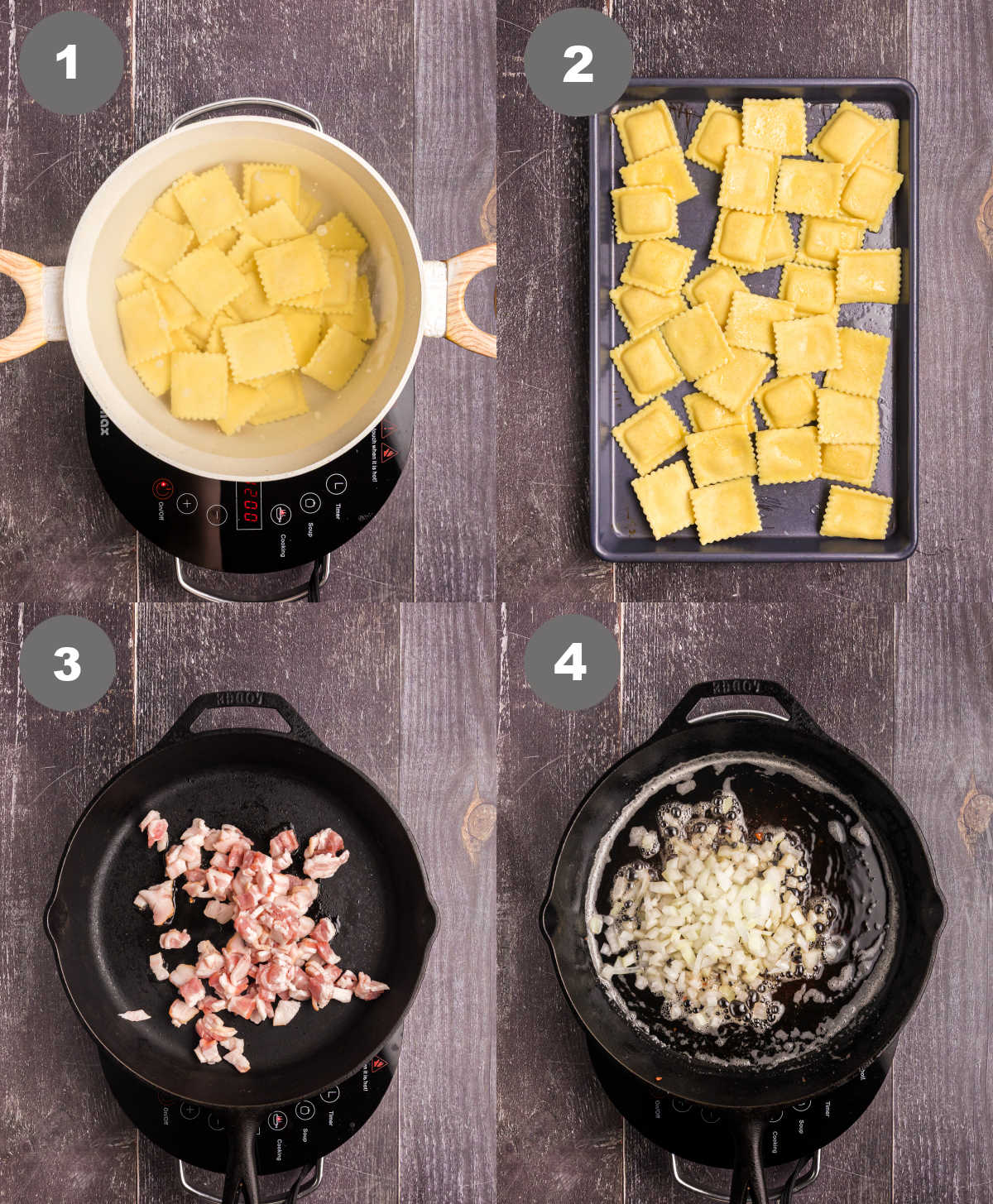 Ravioli boiled in a pot, then placed on a baking sheet and bacon fried in a skillet.