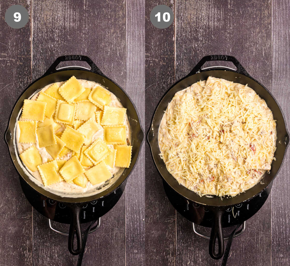 Ravioli is added into the skillet and chesse placed on top.