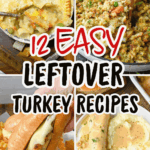 Four leftover turkey recipes pot pie, stuffing casserole, turkey french dip and turkey shepherds pie.