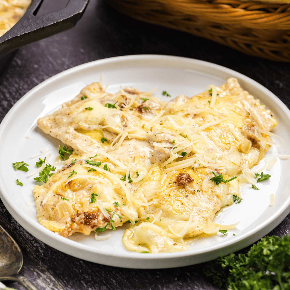 Olive Garden Ravioli Carbonara pasta on a white plate.