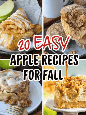 Four recipes apple turnovers, apple muffins, cinnamon rolls and cheesecake bars.