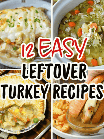 Four leftover turkey recipes pot pie, turkey soup, turkey french dip and turkey shepherds pie.
