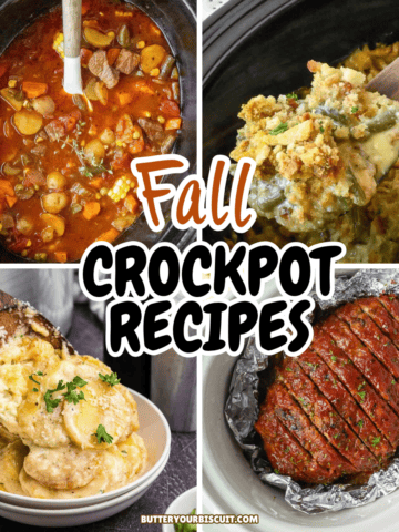 A collage of four different slow cooker recipes, vegetable beef soup, chicken stuffing casserole, scalloped potatoes and meatloaf.