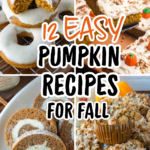 Pumpkin donuts, pumpkin cake, roll cake and pumpkin muffins collage.