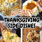 A photo of mac and cheese, turkey gravy, scalloped potatoes and green bean casserole.