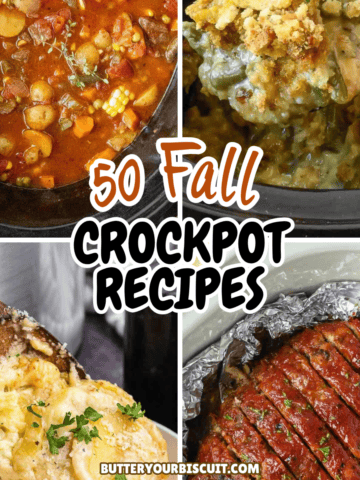 Four crockpot recies os a soup, casserole, potatoes and meatloaf.