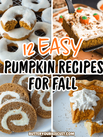 Pumpkin donuts, pumpkin cake, roll cake and pumpkin muffins collage.