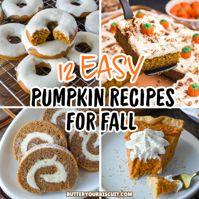 Pumpkin donuts, pumpkin cake, roll cake and pumpkin muffins collage.