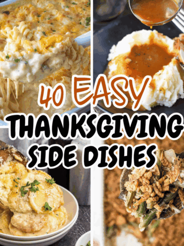 A photo of mac and cheese, turkey gravy, scalloped potatoes and green bean casserole.