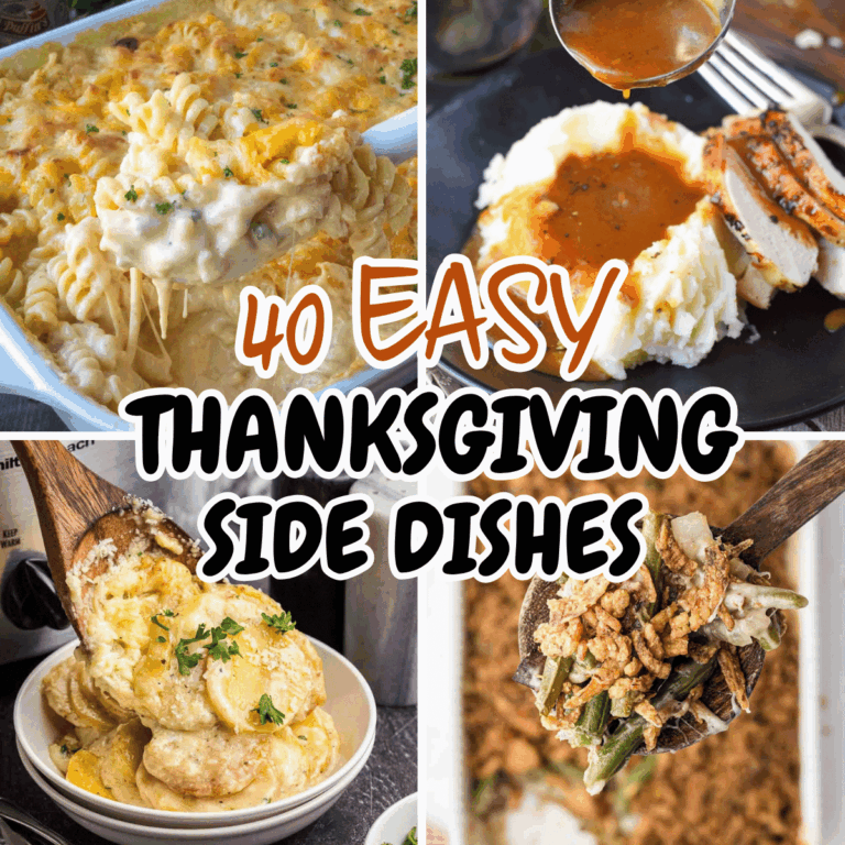 A photo of mac and cheese, turkey gravy, scalloped potatoes and green bean casserole.