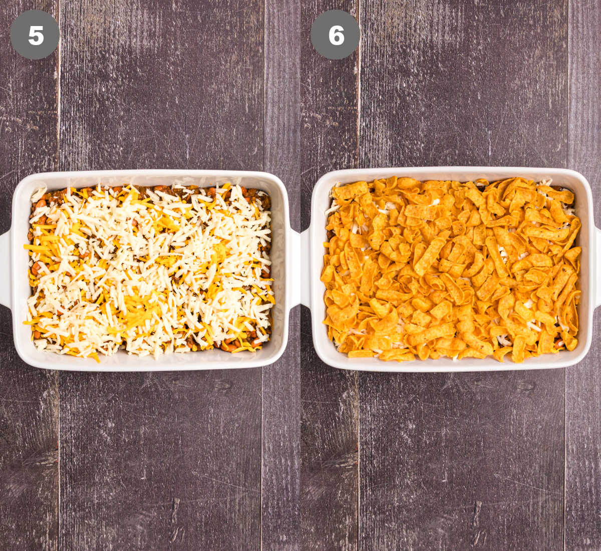 Frito pie placed into a casserole dish and fritos on top.