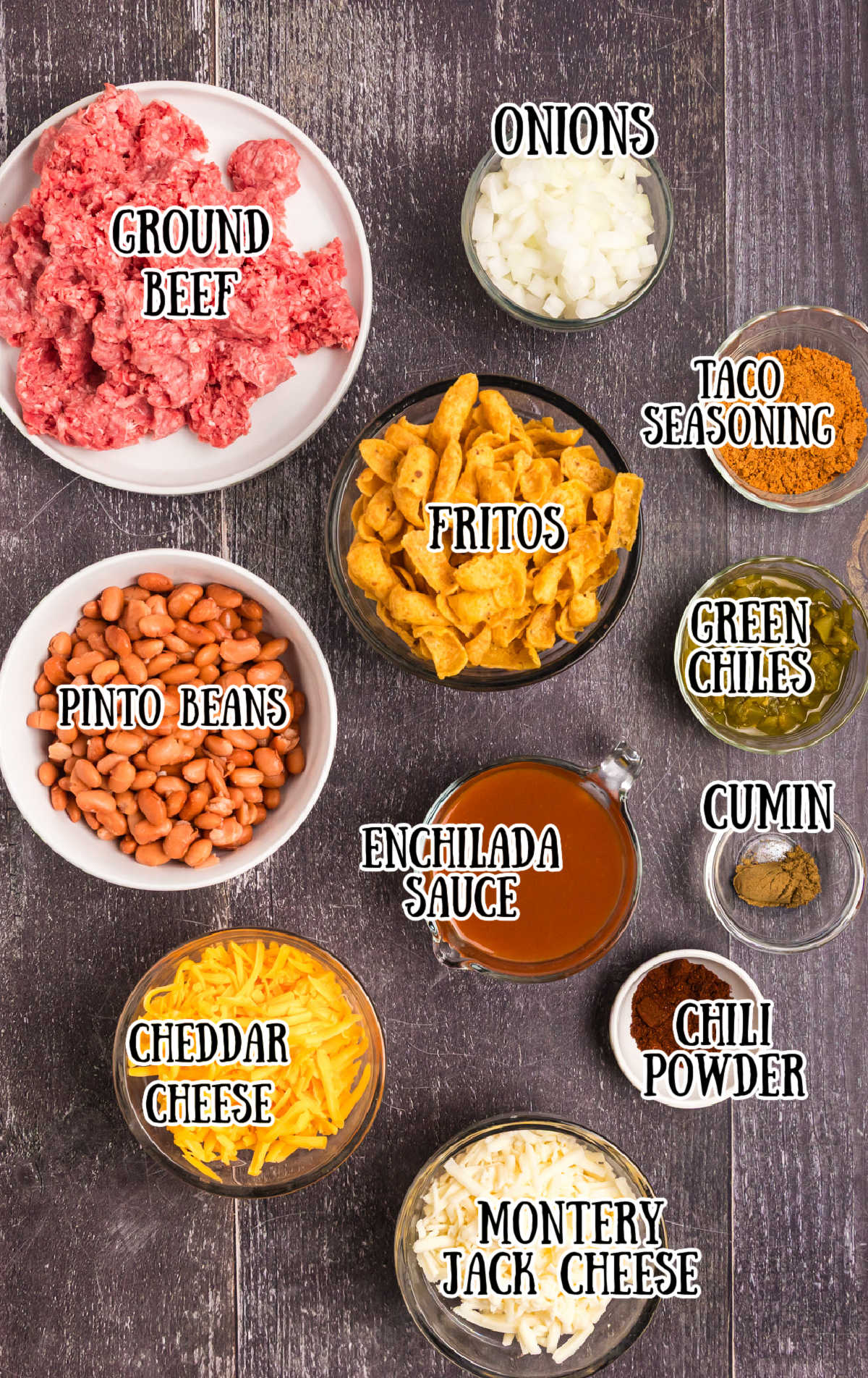 All of the ingredients for this frito pie.