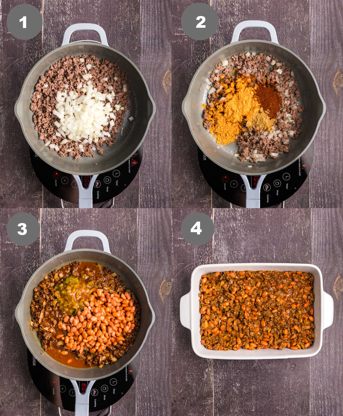 Ground beef and onions cooked in a skillet seasonings added with the beans. then placed into a white baking dish.