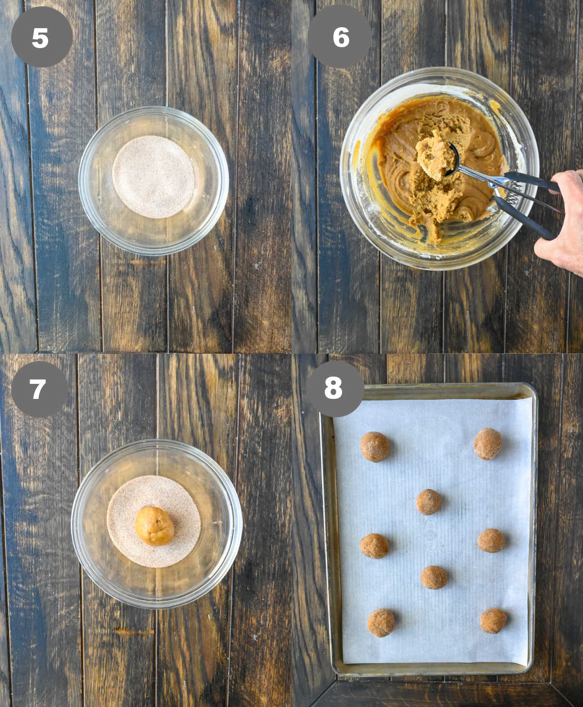 Sugar coating mixed in a small bowl. Dough rolled into balled and the coating and placed on the baking sheet.