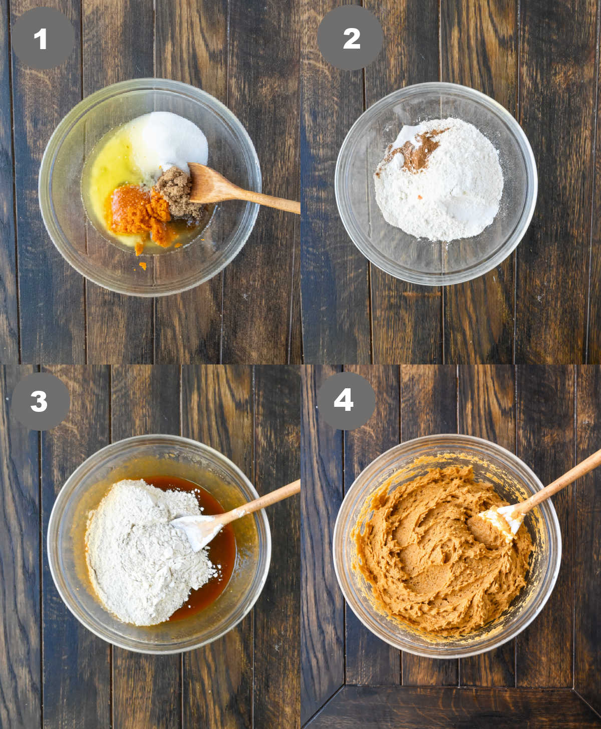 Wet batter mixed in a bowl. Dry batter mixed in another bowl. Wet and dry mixed together.
